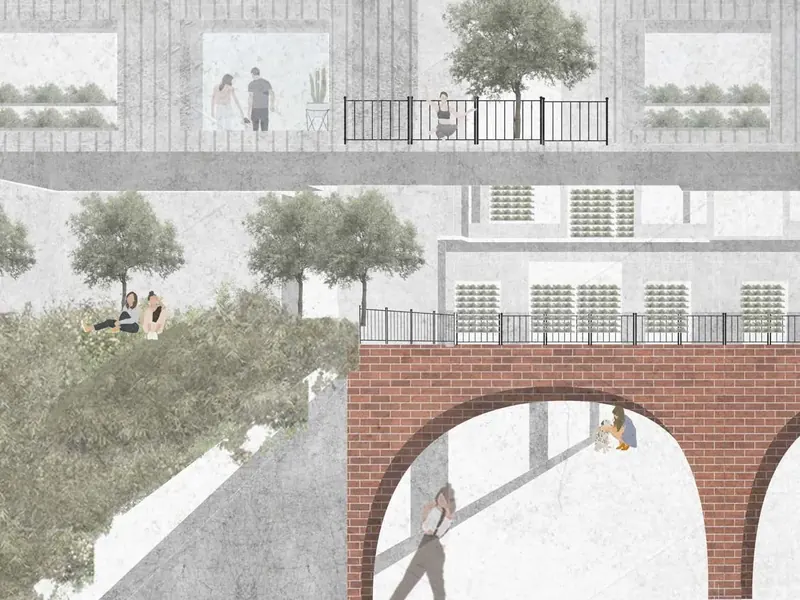 Collage view of a brick arch beneath a planted podium.