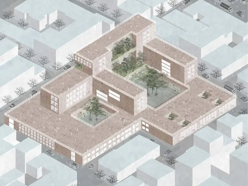 Isometric of a brick-coloured hotel around planted courtyards.