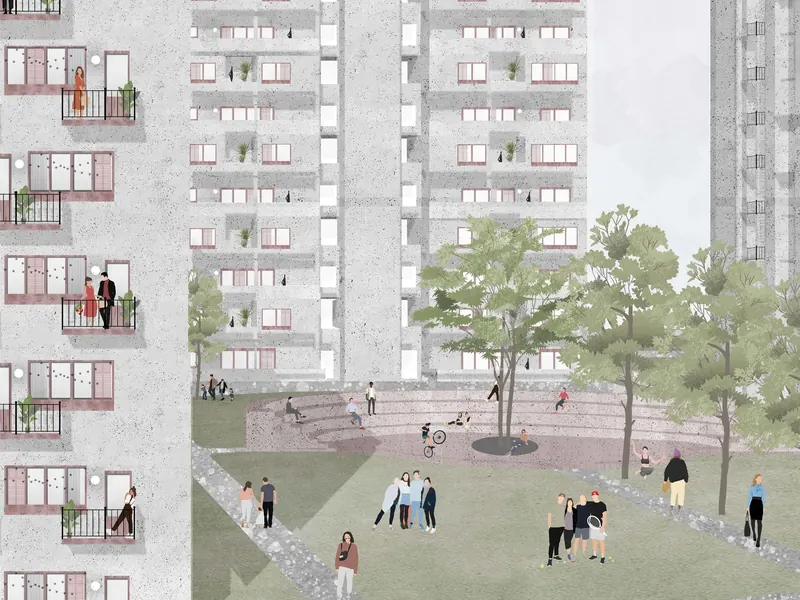 Concrete housing blocks with pink balcony frames above a lawn.