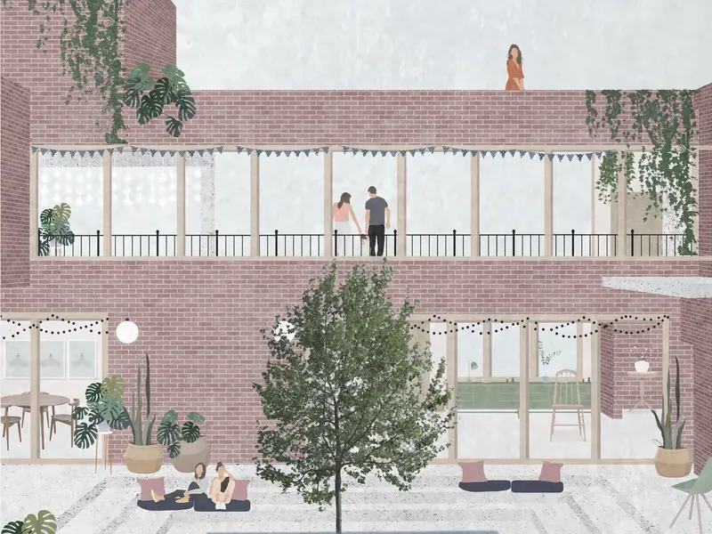 Brick courtyard house with a veranda and a small pool.
