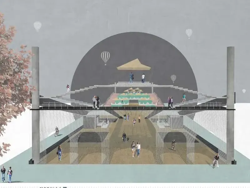 Section of a dome-shaped bazaar with stepped seating.