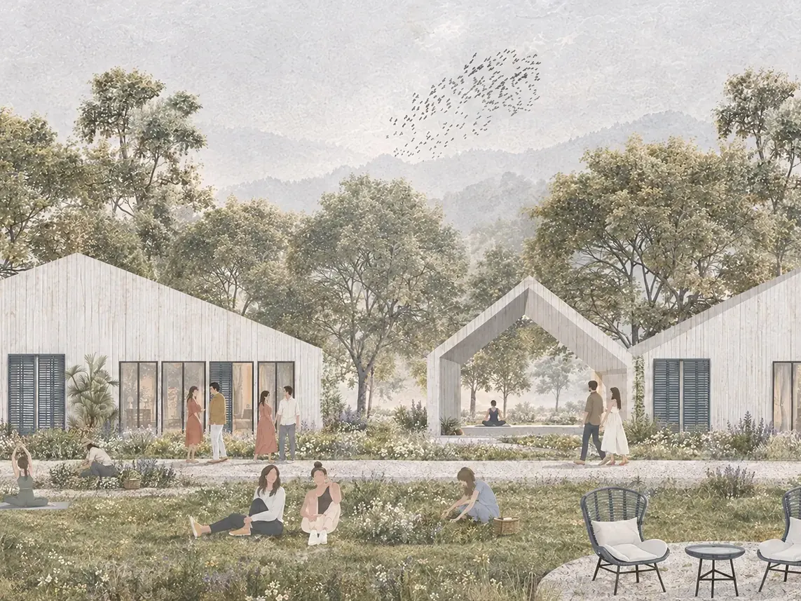 Timber pavilions in a wildflower meadow under a misty hillside and moon.