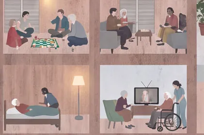 Two lamp-lit rooms: older people playing draughts, and a woman watching television with a carer.