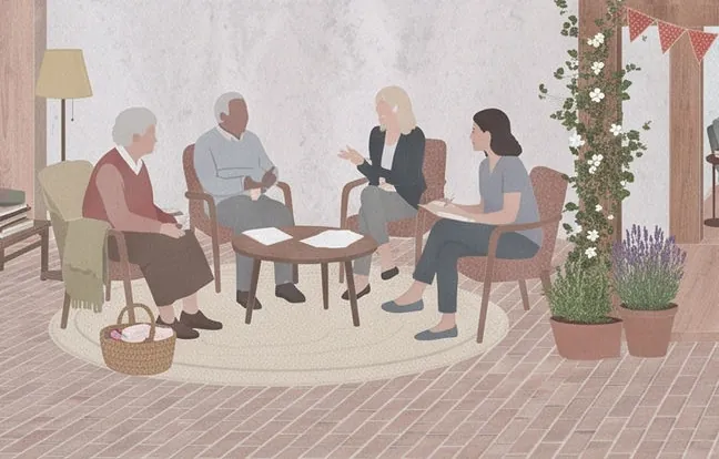 Older people in conversation in armchairs.