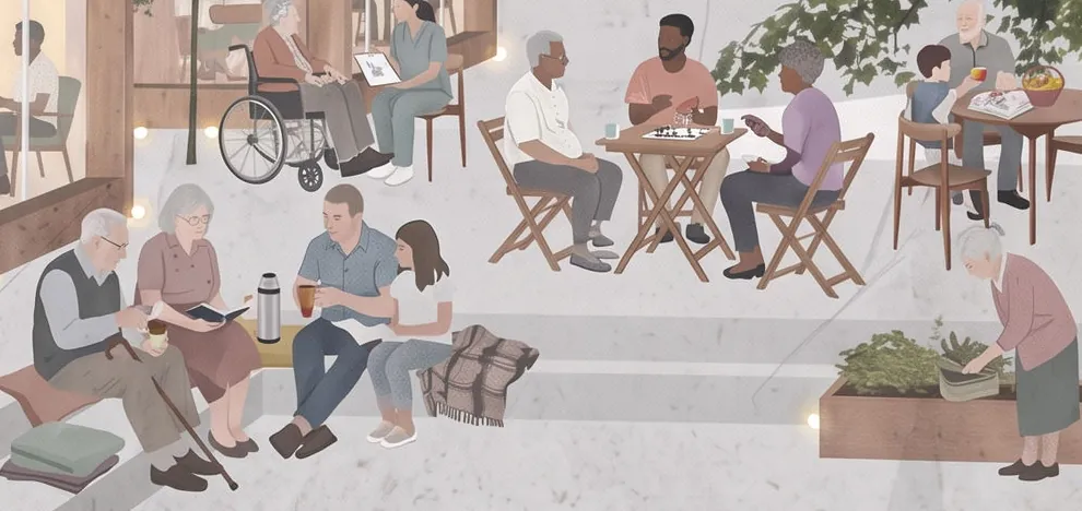 Older people and a family reading, talking and playing cards on stepped seating.