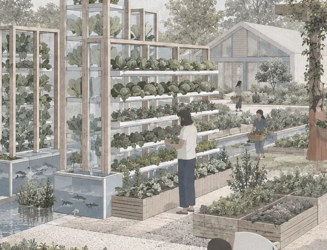 Aquaponic towers and raised beds with people harvesting.