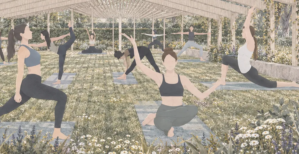 A group practising yoga in an open timber pavilion.
