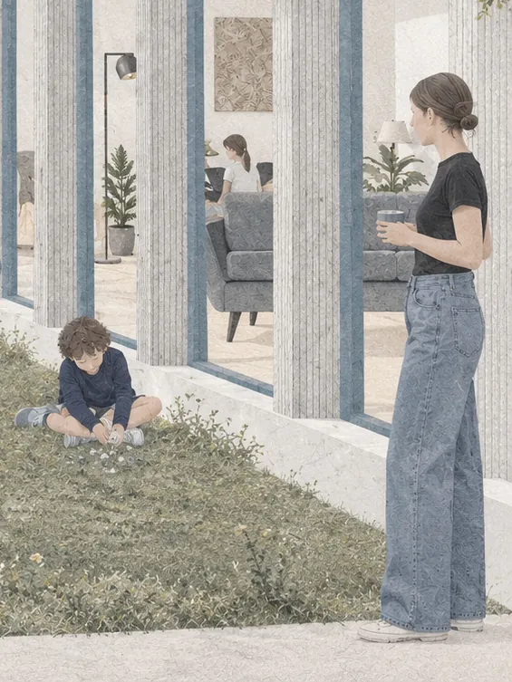 A woman standing at a veranda with a child playing on the grass.