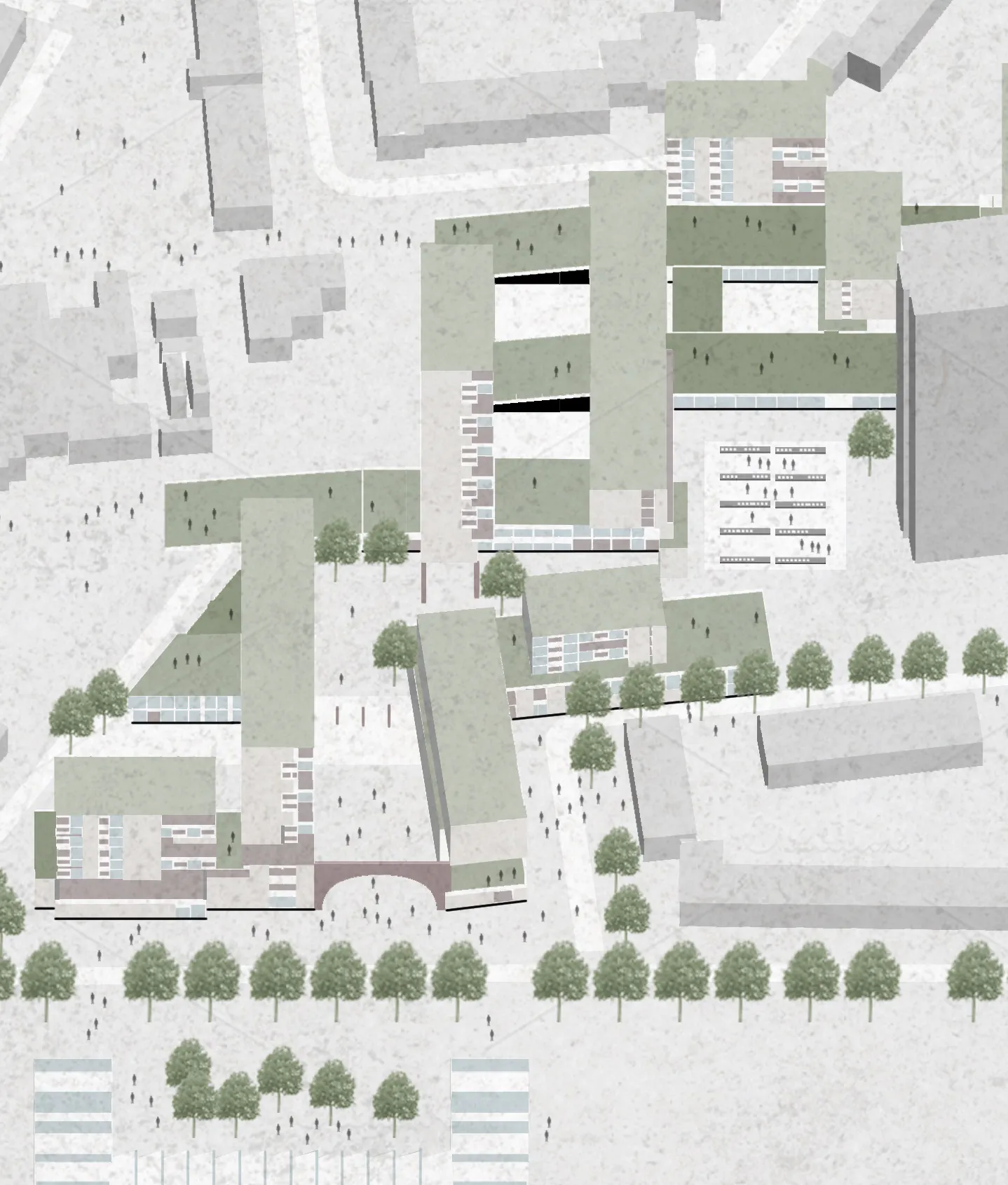 Rendered plan of long green-roofed housing blocks among existing buildings and a line of trees.