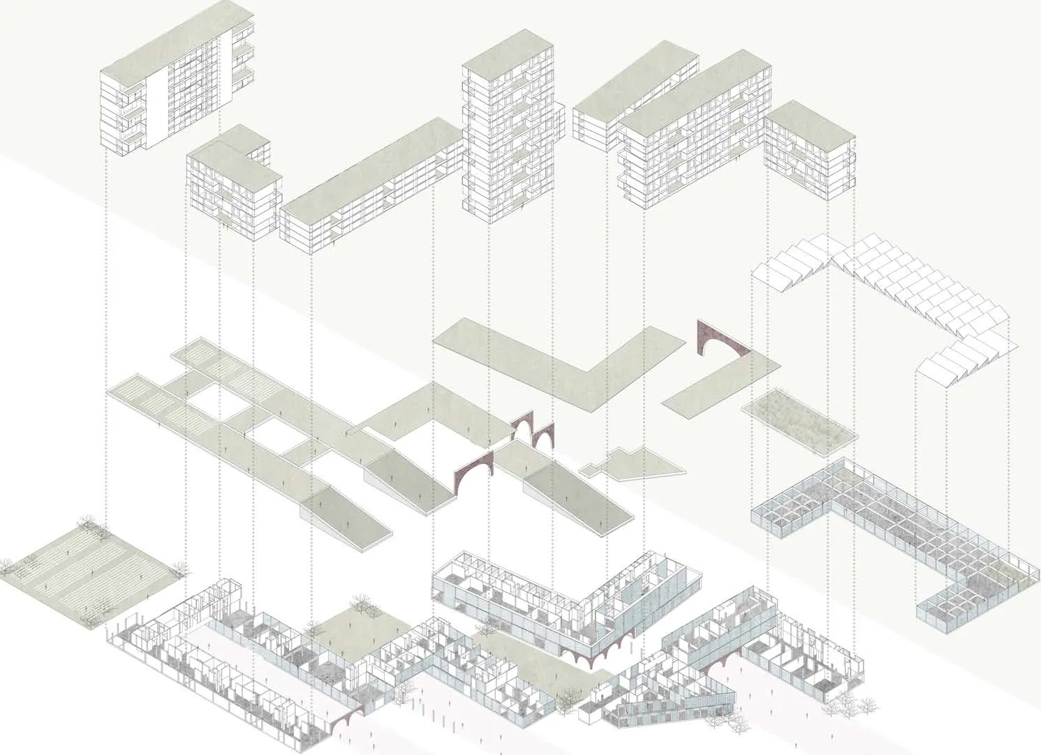 Exploded axonometric separating housing blocks, podium, ground floor and glasshouse structures.