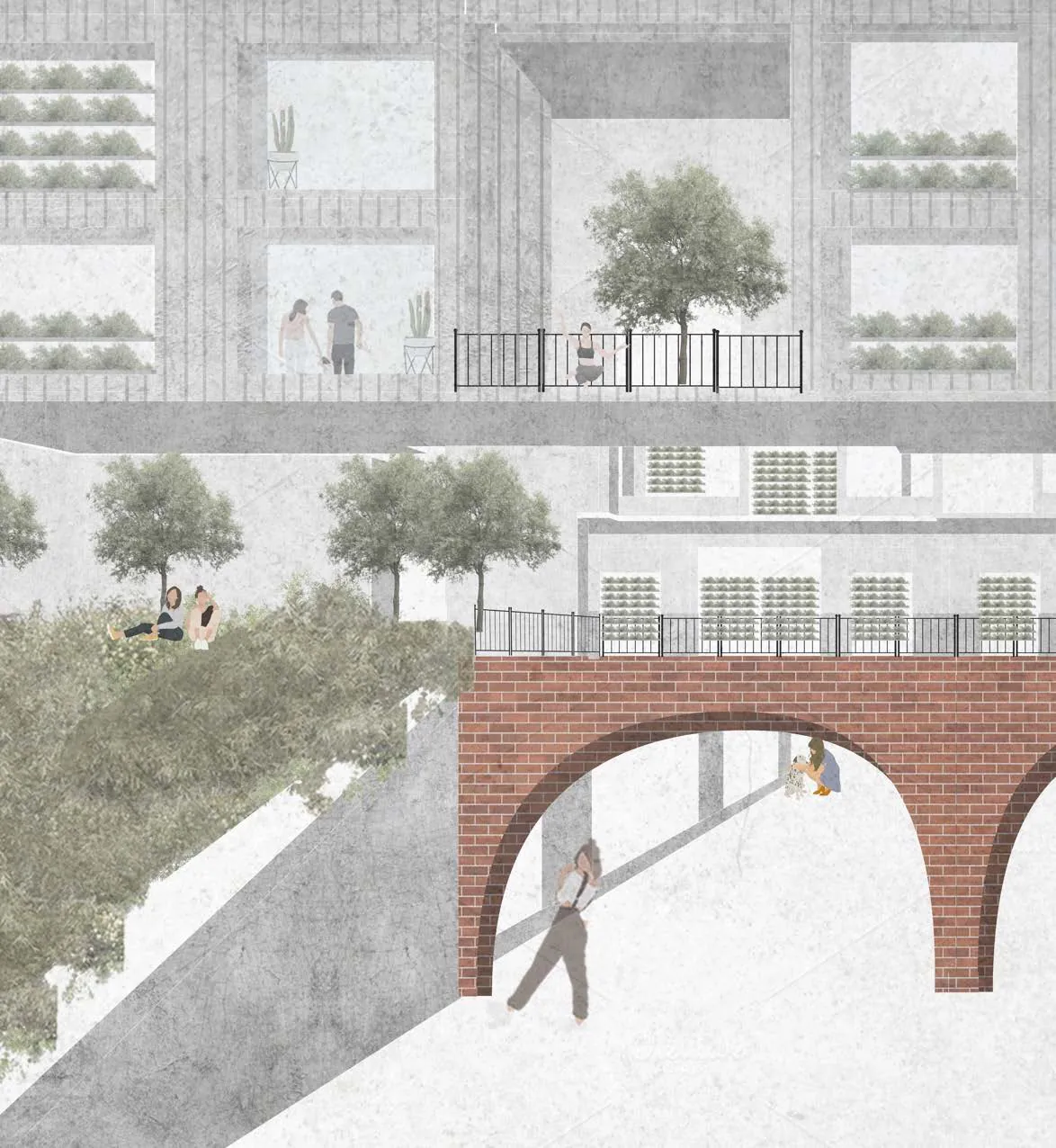 Collage view of a brick arch beneath a planted podium with a woman leaning on a pier and people resting on the slope.