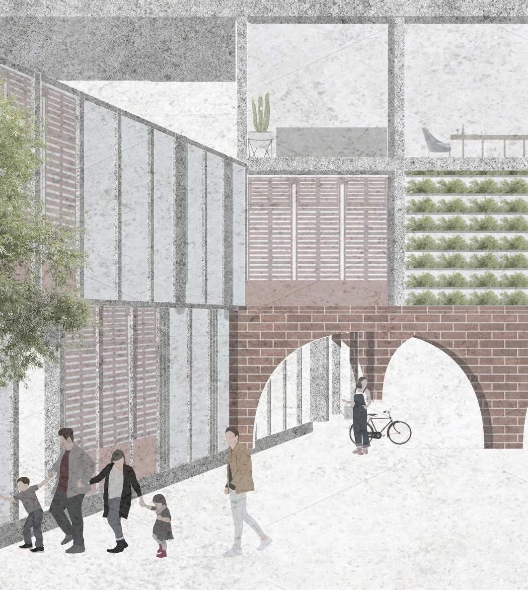 Ground-floor arcade with louvred screens, a brick arch and a family walking through.