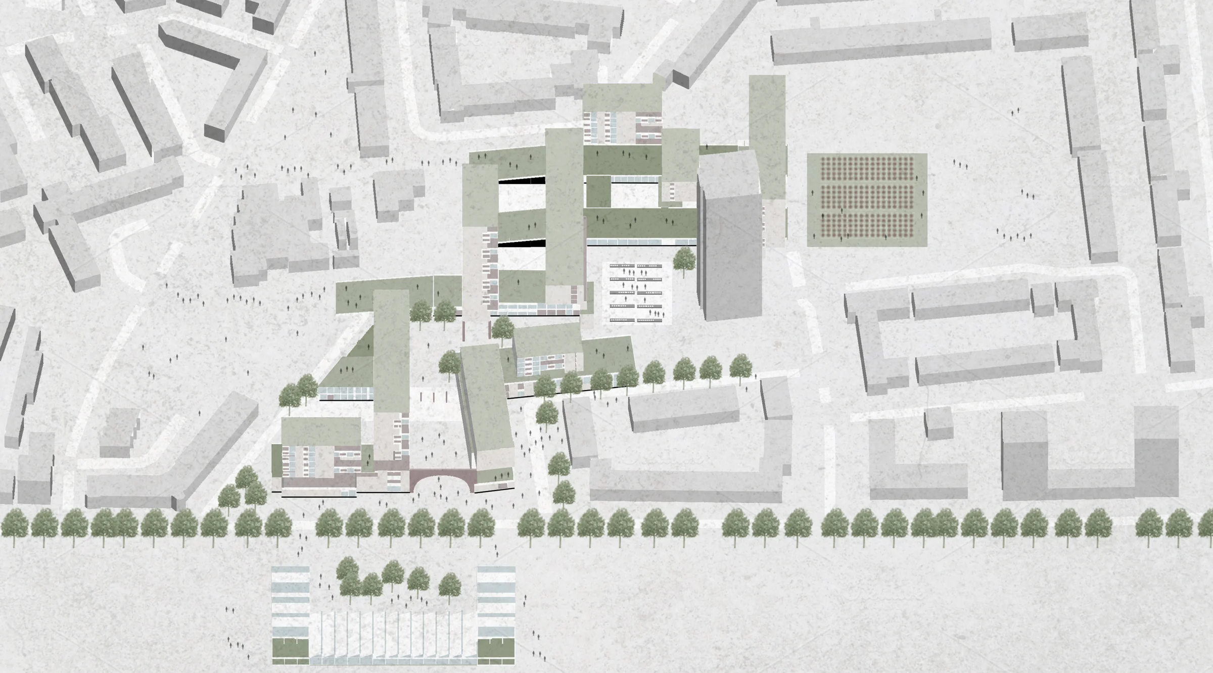Site plan of The Food Park: green-roofed housing and food buildings among existing blocks, with a line of trees along the park edge.