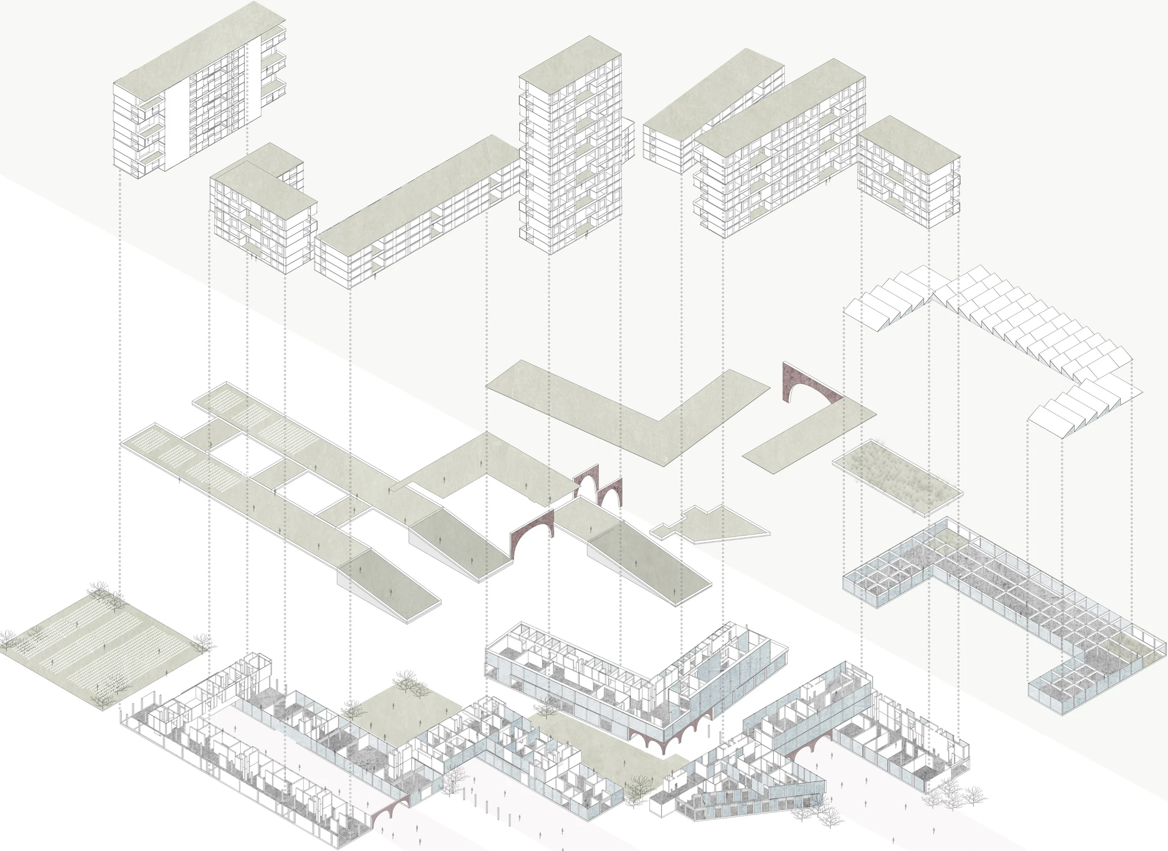 Exploded axonometric separating the housing, the podium, the ground floor and the glasshouses of The Food Park.