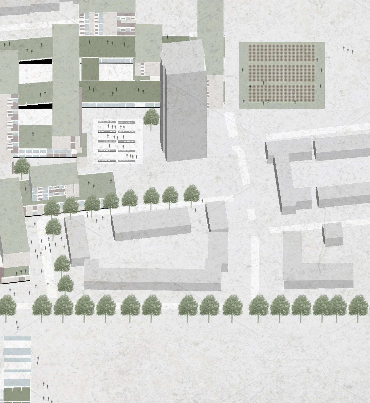 Detail of the site plan: a market square, greenhouse roofs and a tree-lined street.