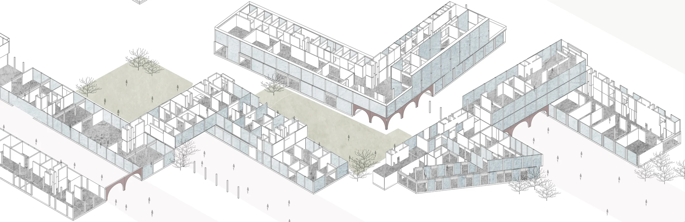 Long axonometric of a housing block with growing rooms and shared kitchens.