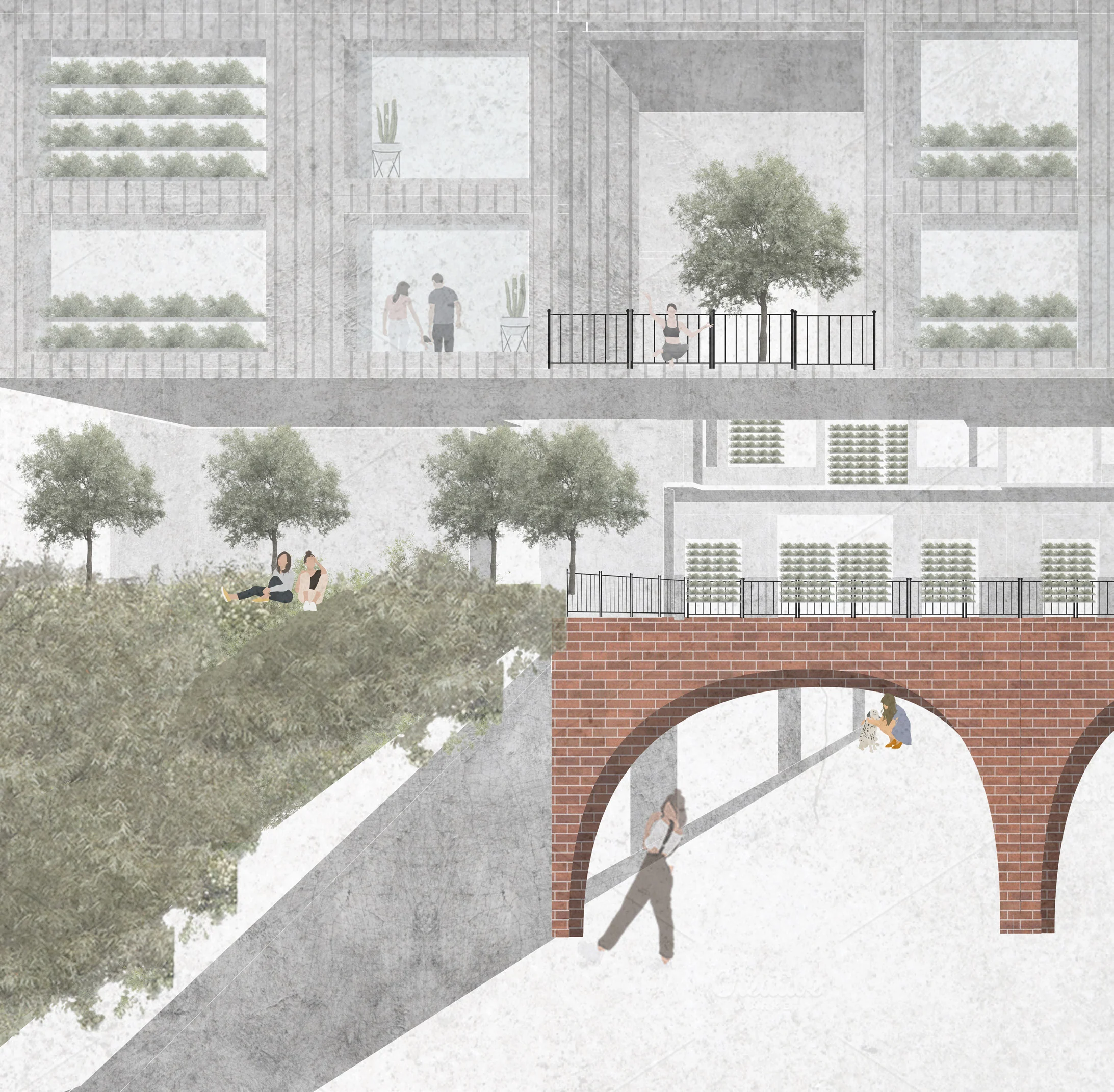 Collage view of a brick arch beneath a planted podium with a woman leaning on a pier and people resting on the slope.