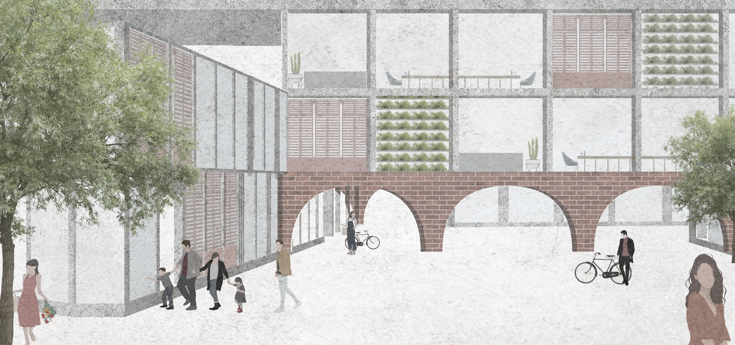 Ground-floor arcade with louvred screens, growing walls and a family walking through.