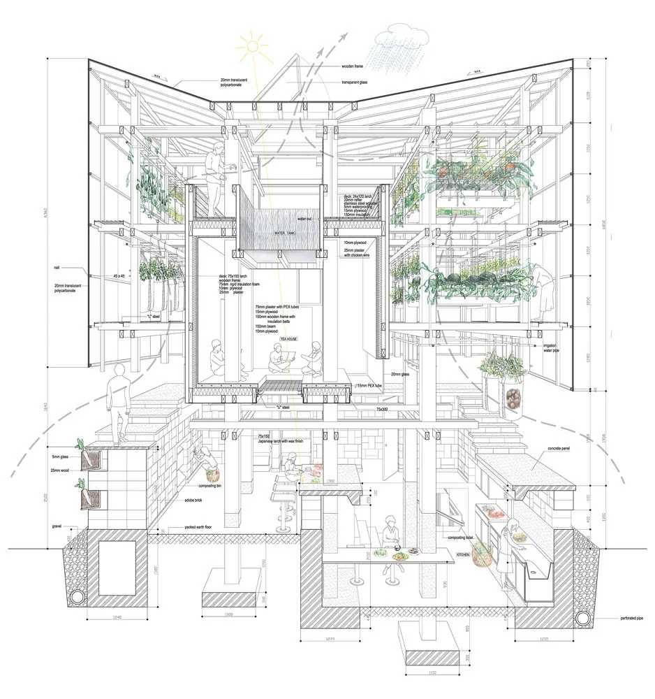 Section through a growing tower with planting, kitchens and rooms.