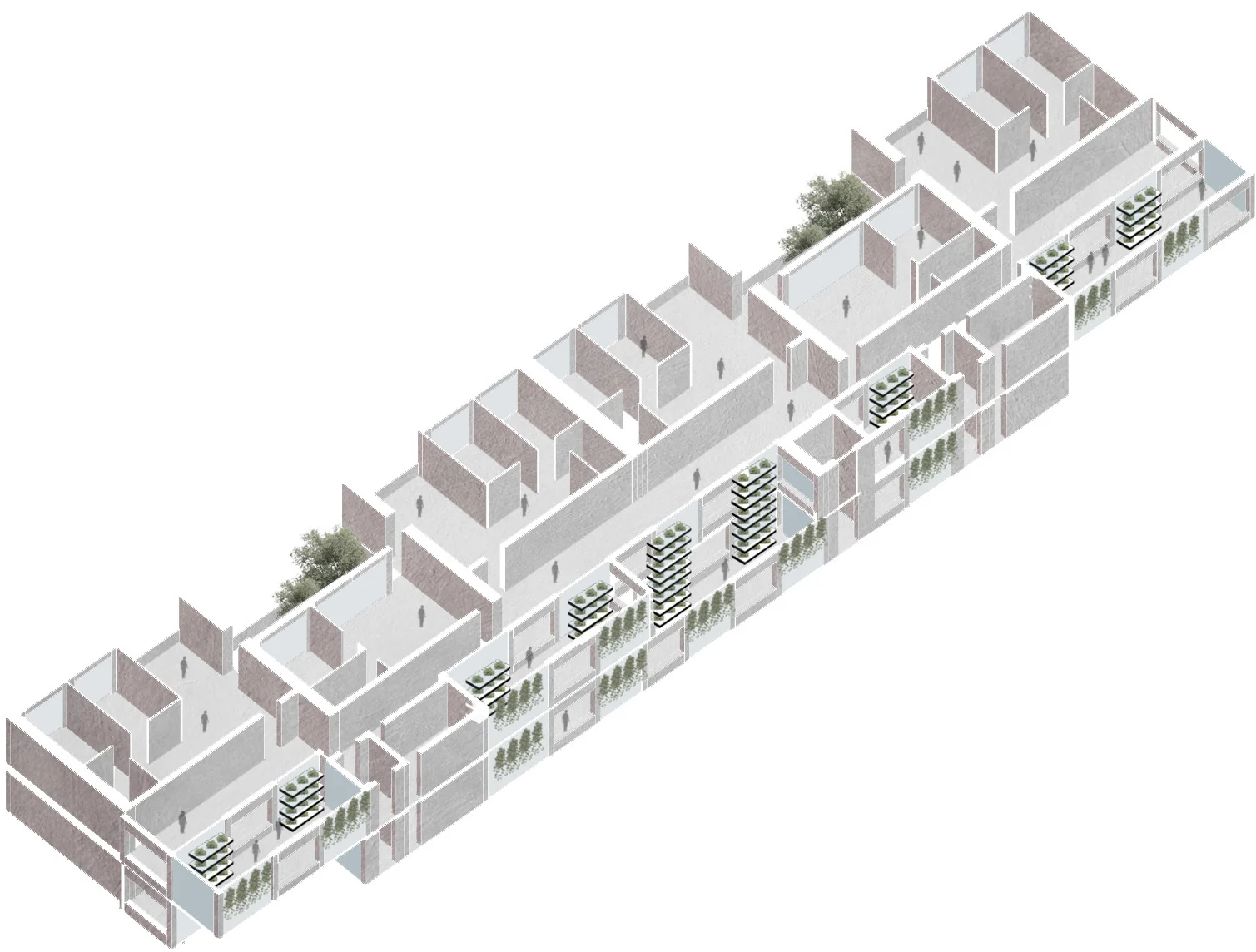Axonometric of a housing block with balconies and roof gardens.