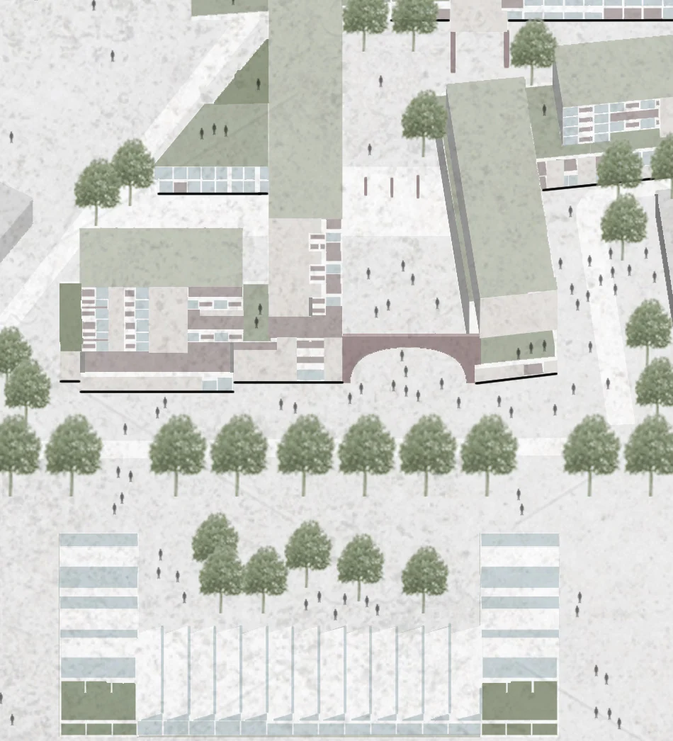 Detail of the site plan: the arch frontage and a planted square.