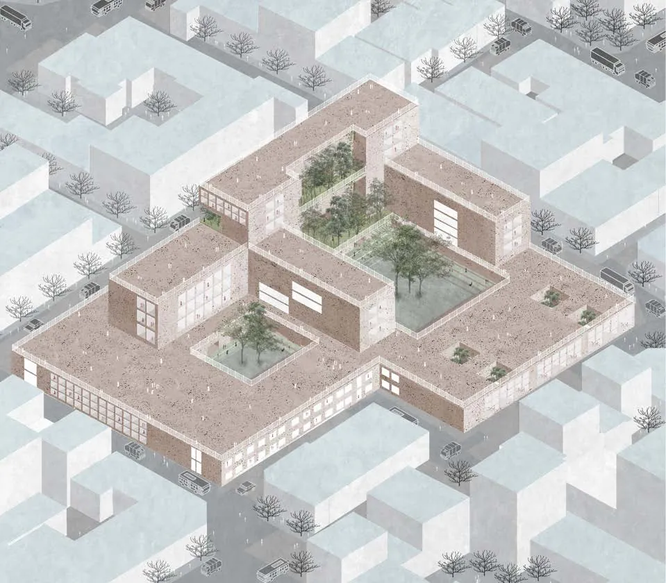 Isometric view of a brick-coloured hotel with planted courtyards among pale blue neighbouring buildings.