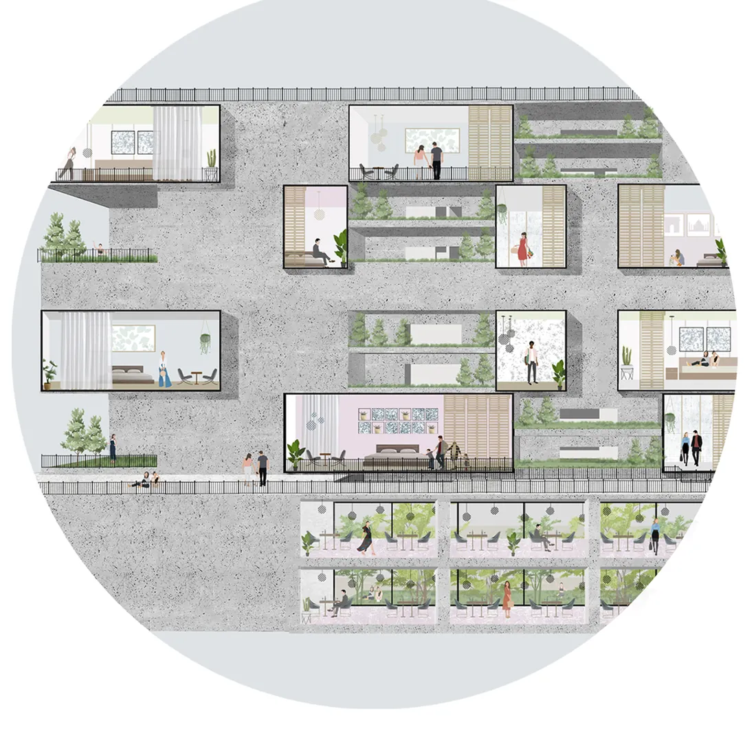 Circular cut-out of the hotel facade with guest rooms, planted terraces and people.