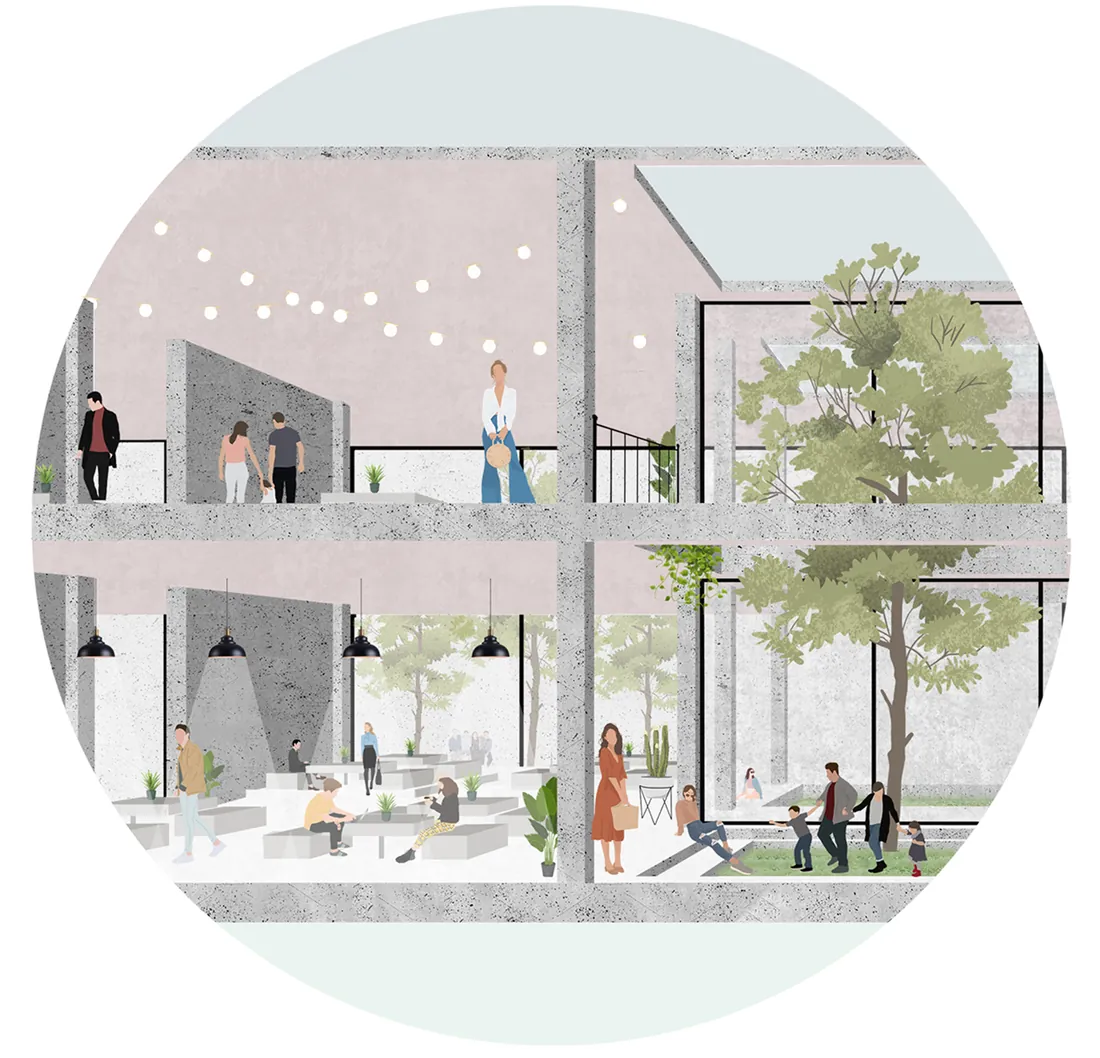 Circular cut-out of a double-height restaurant with pendant lights, a tree and people at tables.