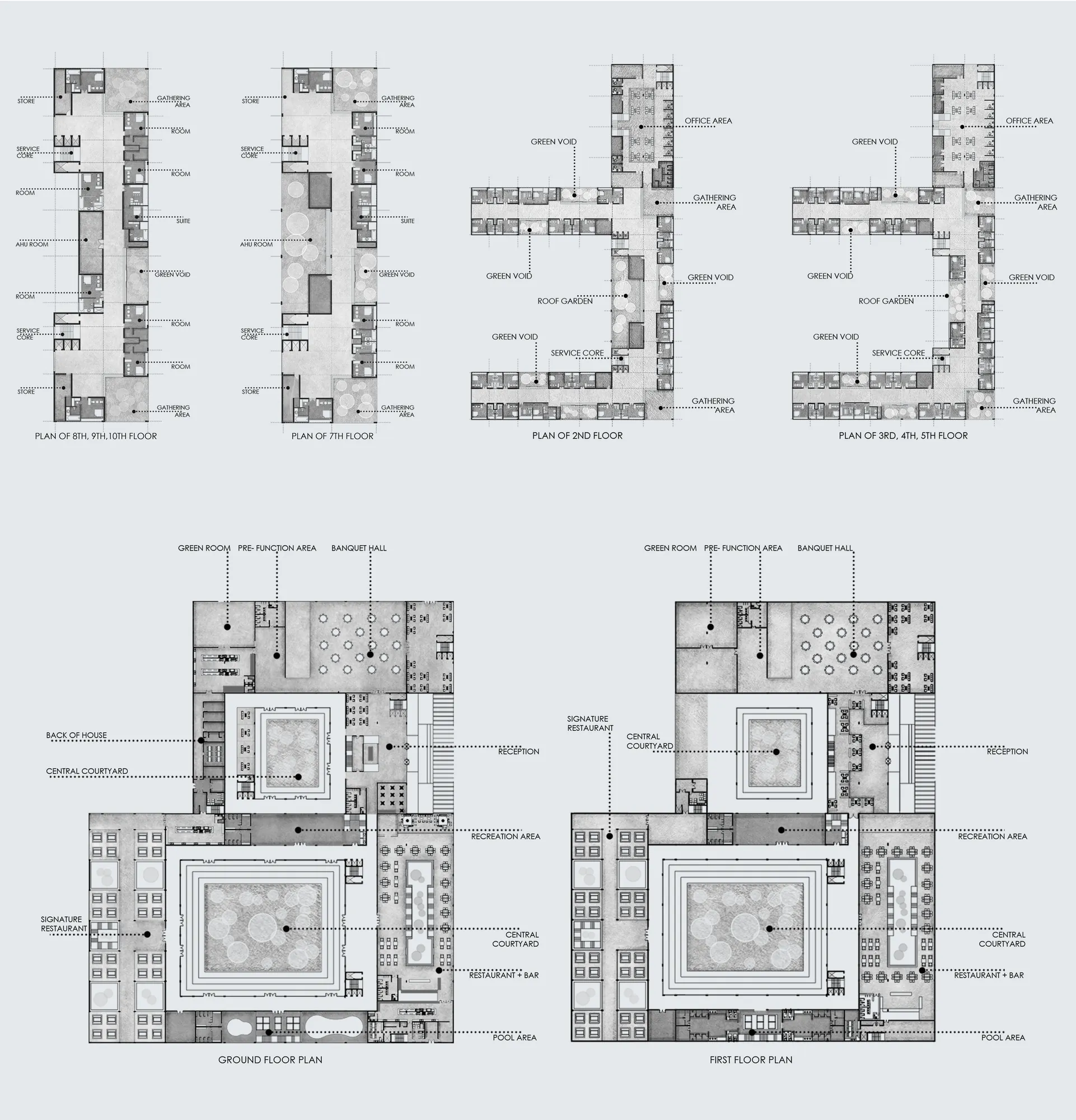 Set of hotel plans: upper floors with green voids and gathering areas, and ground and first floors around courtyards.