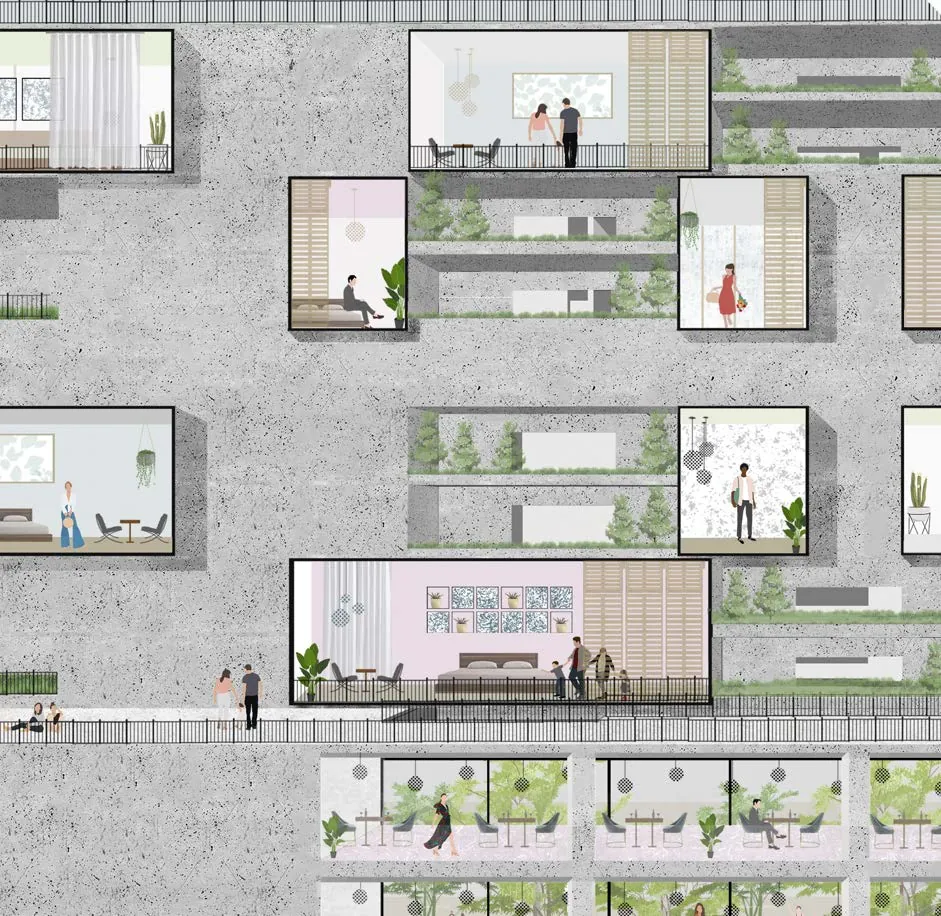Concrete hotel frontage with framed rooms, planted ledges and guests on a walkway.