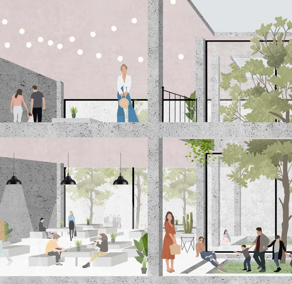 Double-height interior with a pink wall, string lights, a tree, tiered seating and people.