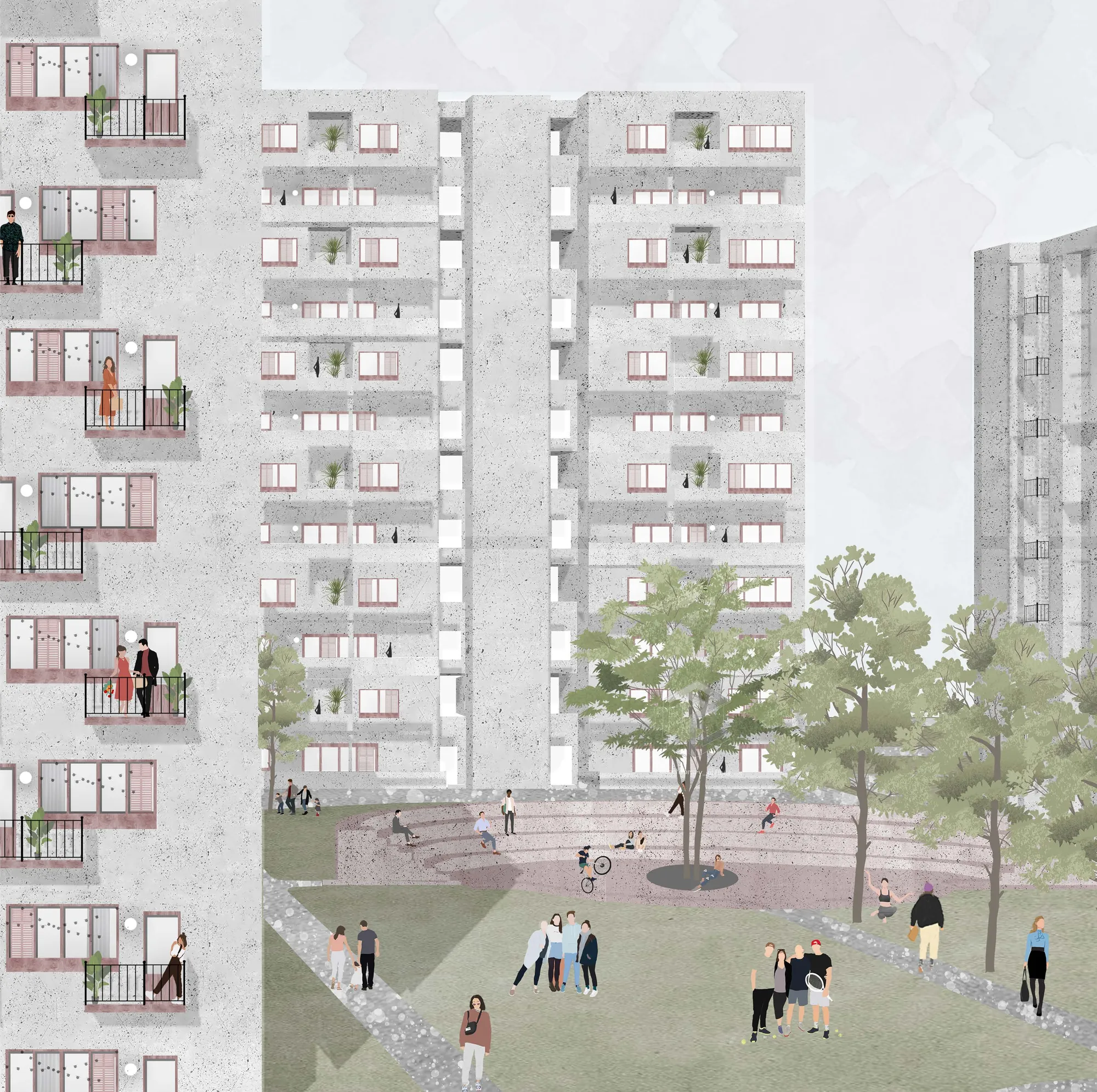 Concrete housing blocks with pink balcony frames above a lawn and stepped amphitheatre where people gather.