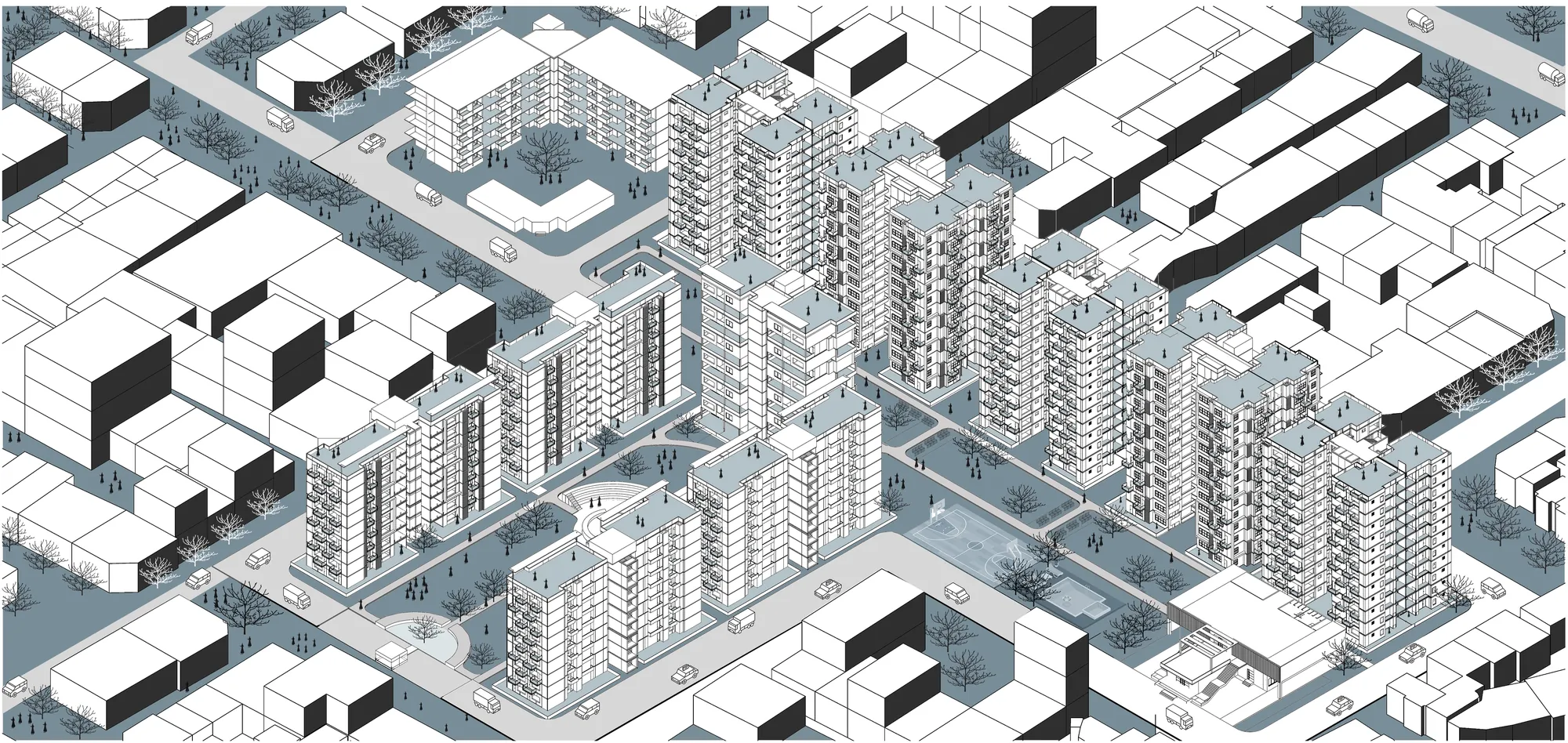 Black-and-white axonometric of a cluster of tall blocks on a blue-grey ground within the surrounding city.