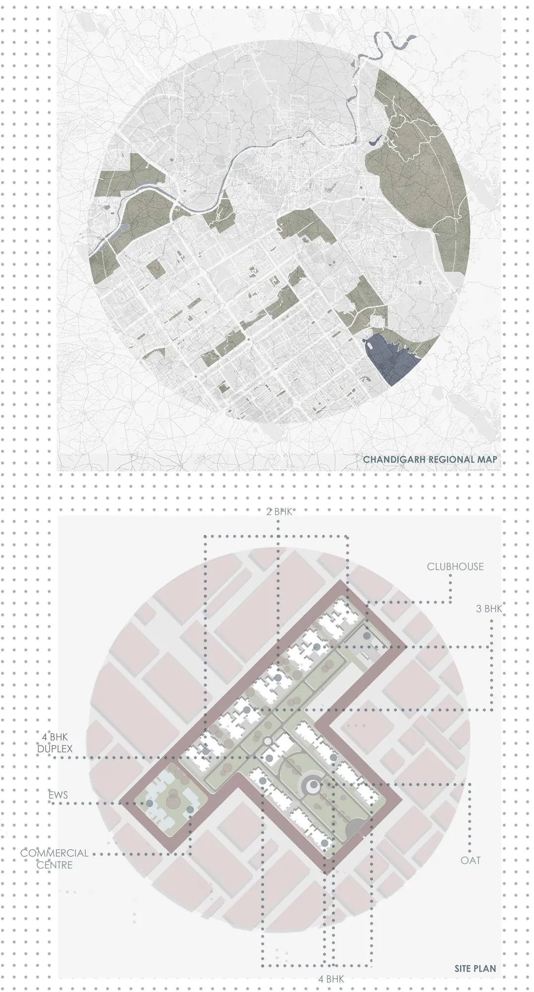 Circular map of Chandigarh and a circular site plan marked with unit types.