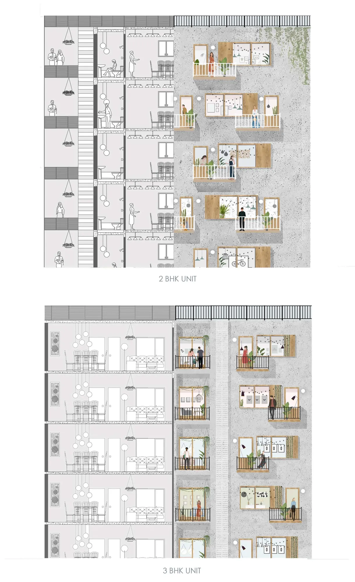 Two building sections and elevations with people on balconies and in rooms.