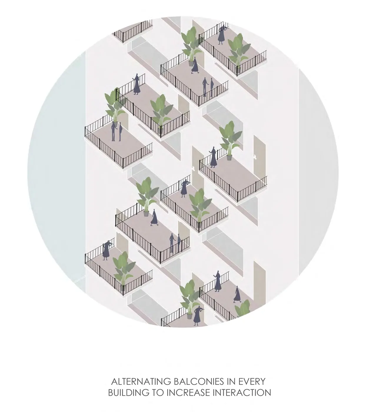 Circular axonometric of staggered balconies with plants and people.