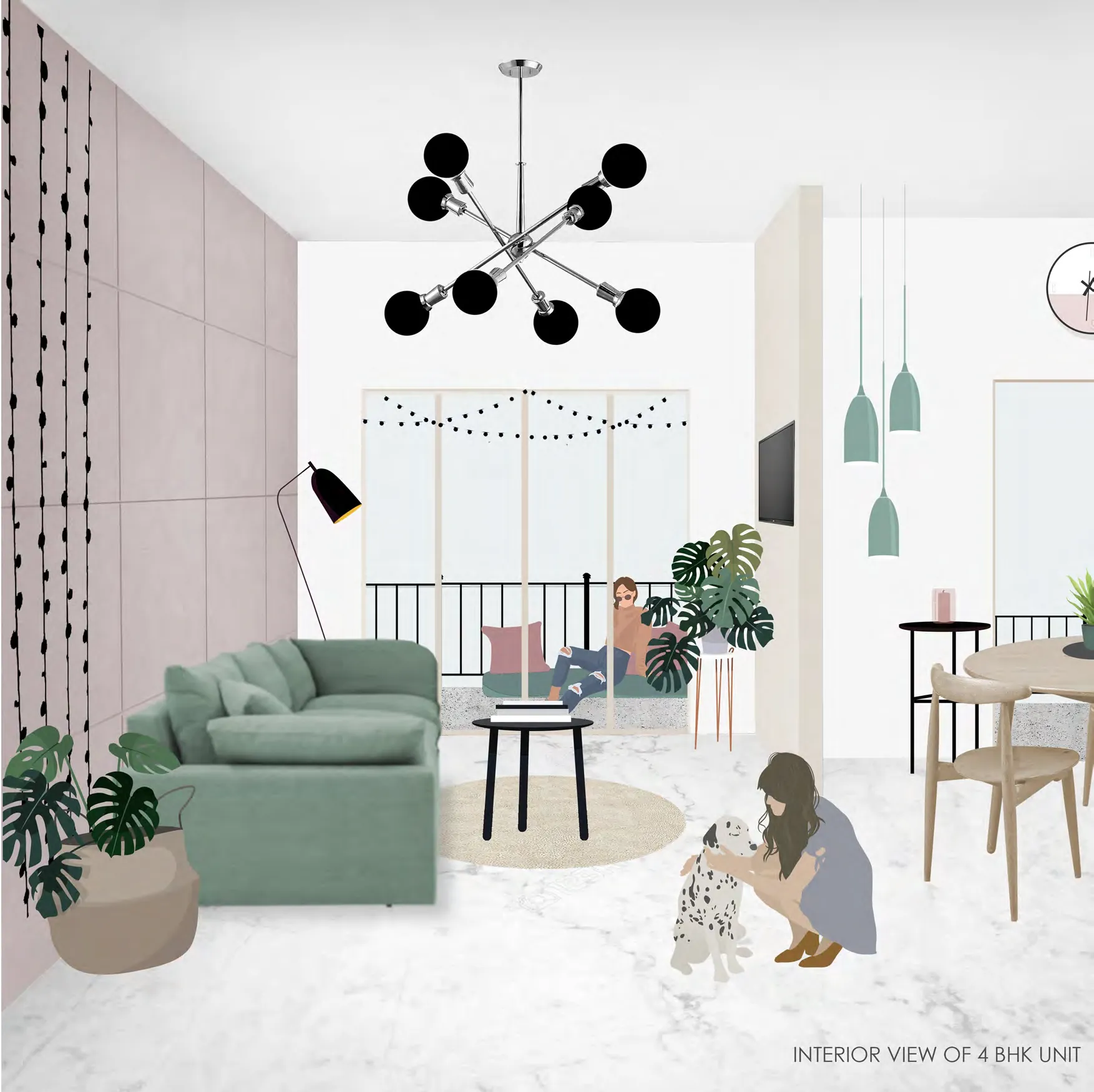 Living room with a green sofa, a dalmatian, string lights and a woman reading on the window seat.