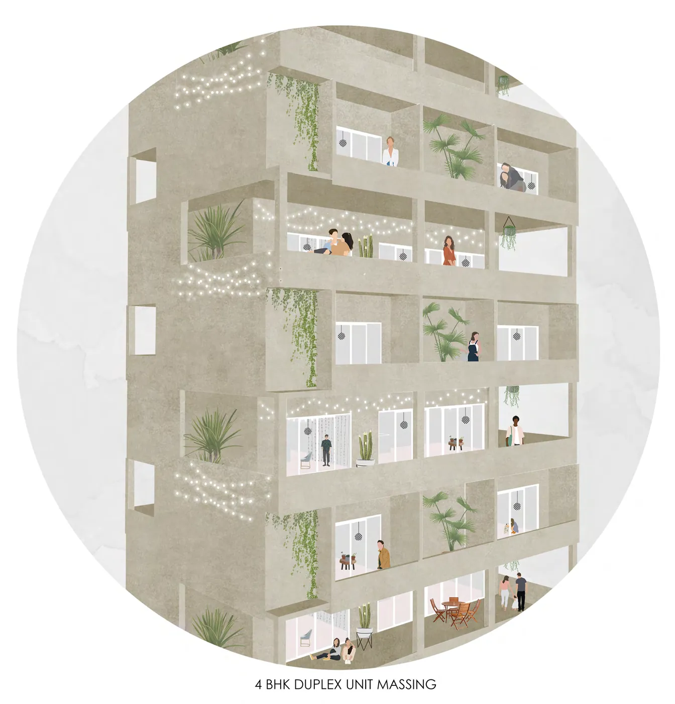 Circular elevation of stacked duplex units with terraces, climbing plants and string lights.