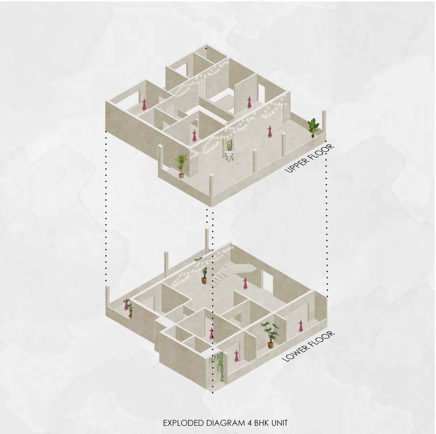 Exploded axonometric of the upper and lower floors of a duplex.