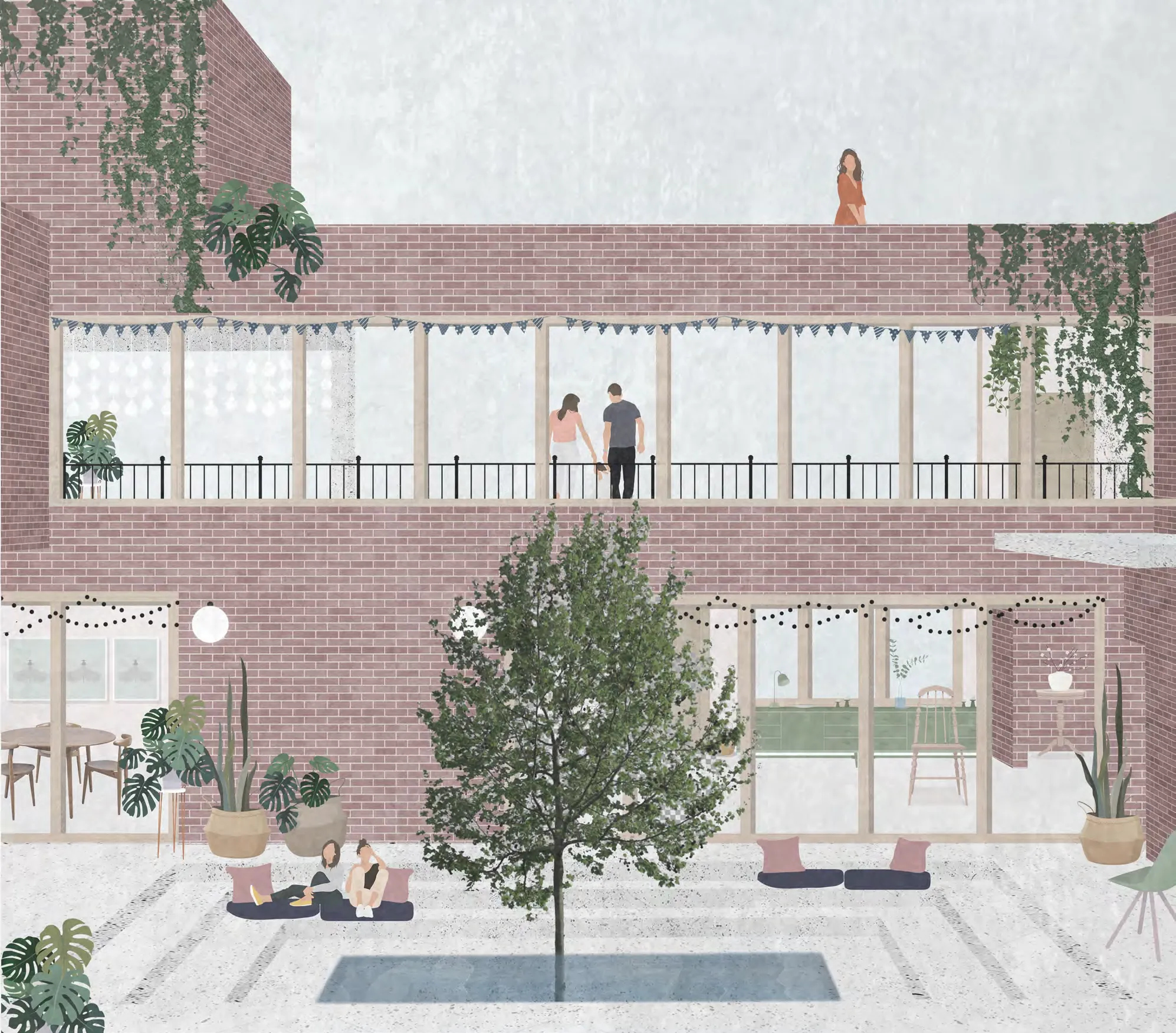 Brick courtyard house with a first-floor veranda, a tree and a small pool, people sitting on cushions below.