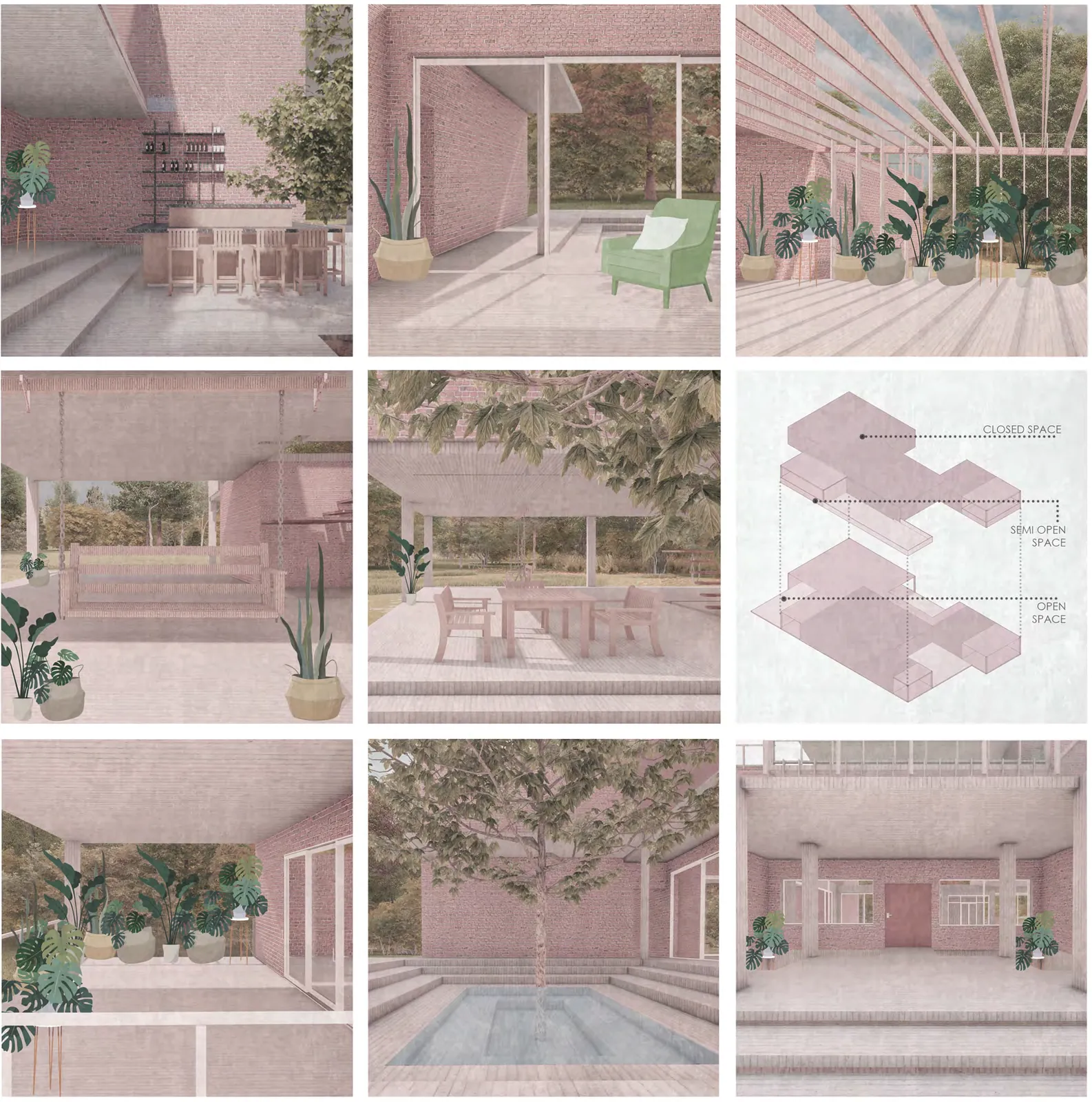 Nine small views of the house: bar, window seat, glass roof, swing, dining, terrace and courtyard, with a diagram of spaces.