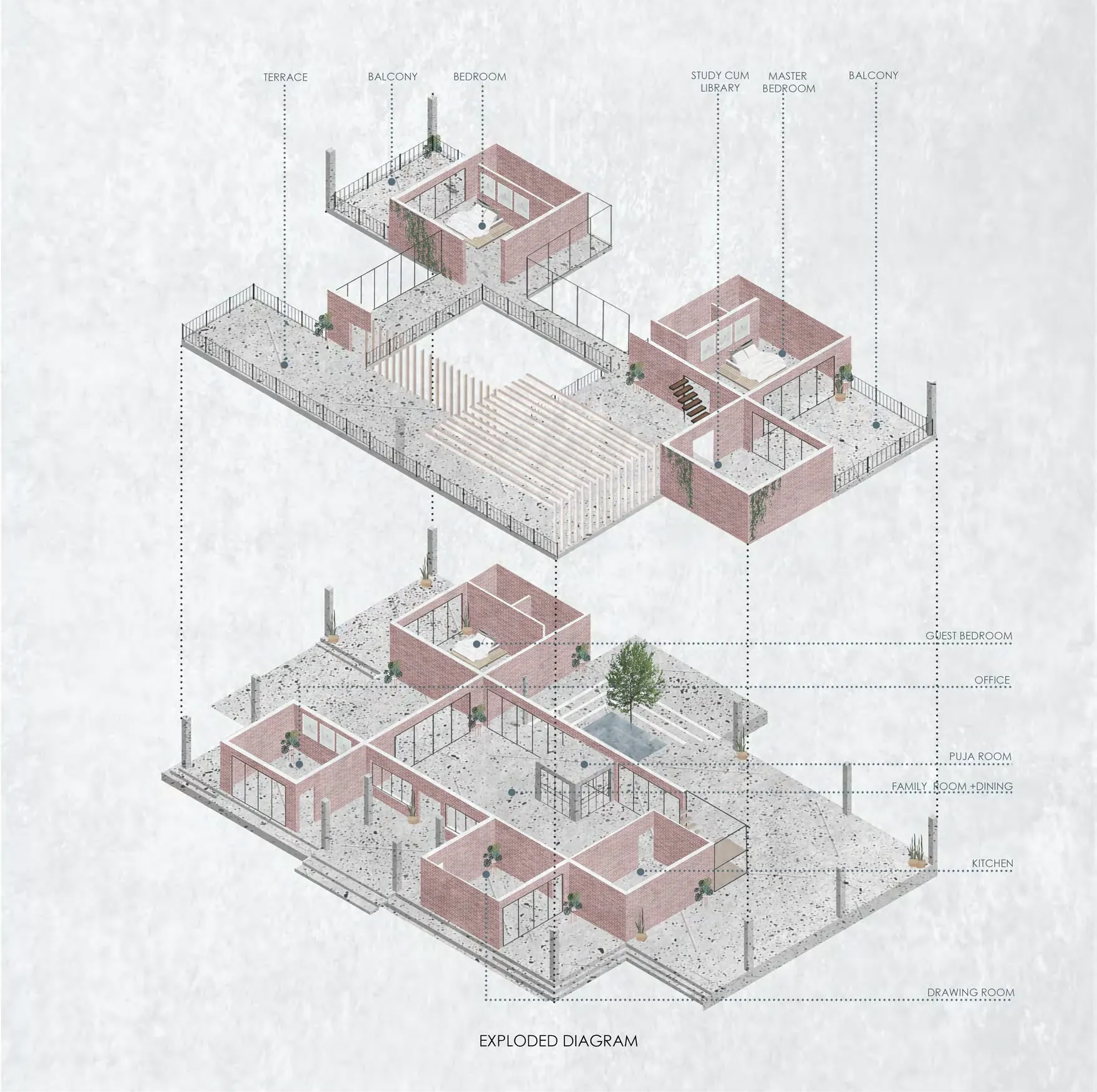 Exploded axonometric of the lower and upper floors of the brick house with labelled rooms.