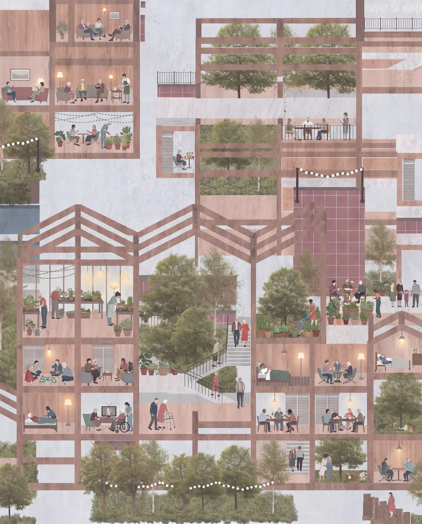 Sectional perspective of The Health Sanctuary: stacked rooms, greenhouses and gardens, each filled with residents and carers.