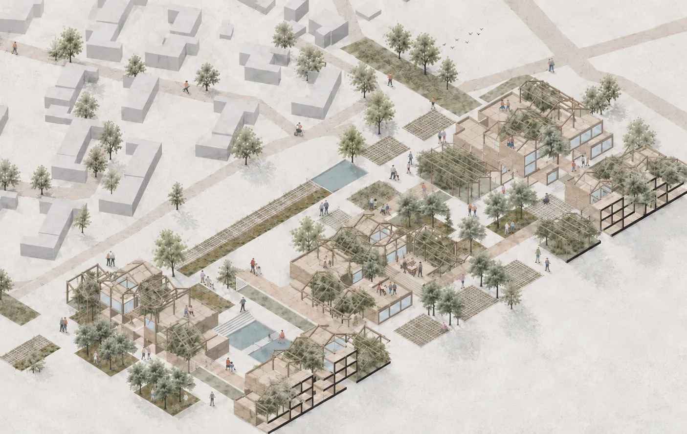 Axonometric of The Health Sanctuary: timber buildings, greenhouses and gardens beside a residential neighbourhood.