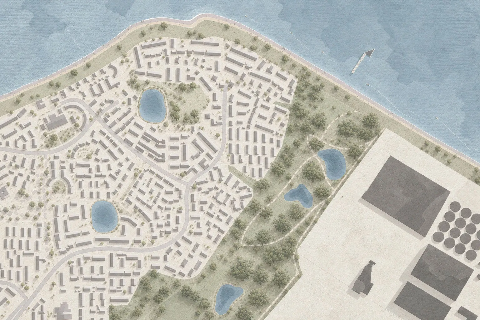 Watercolour-toned plan of a housing estate beside a river, with ponds, a planted belt and paths.