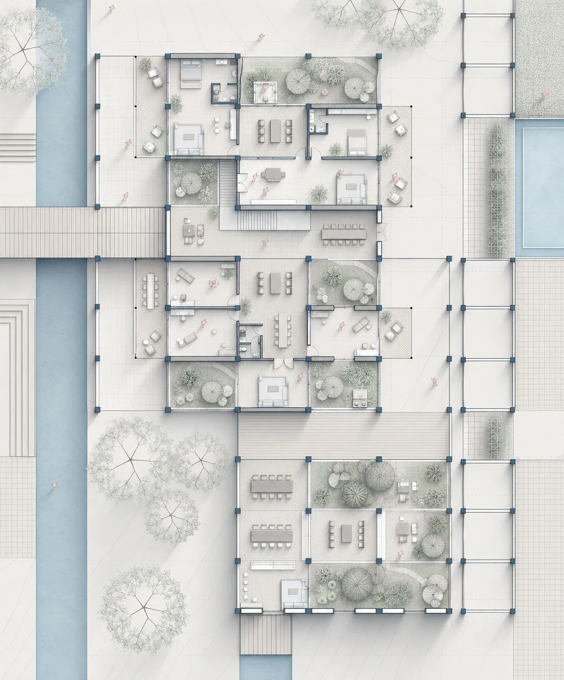 Rendered ground-floor plan with furnished rooms around planted courtyards and a blue water channel.