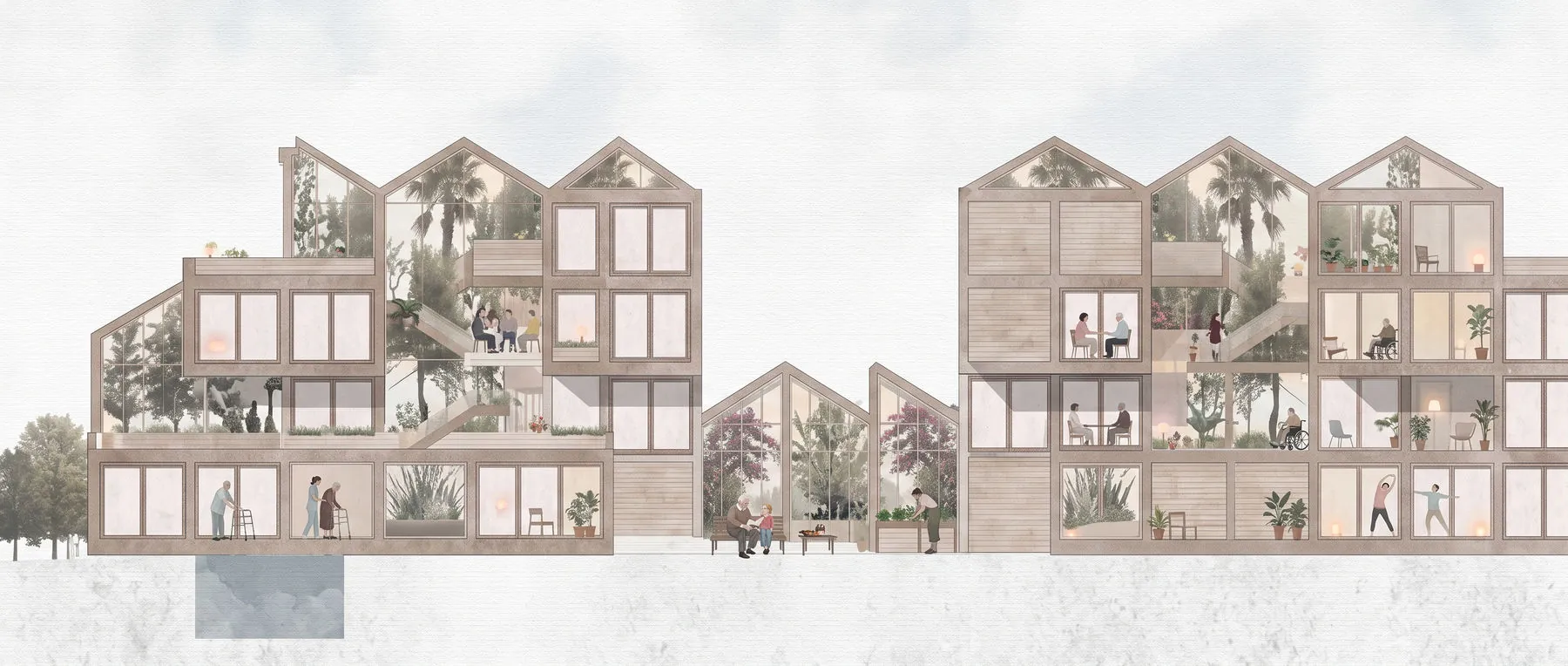 Elevation of a row of timber homes and glazed greenhouses with small figures in the windows.