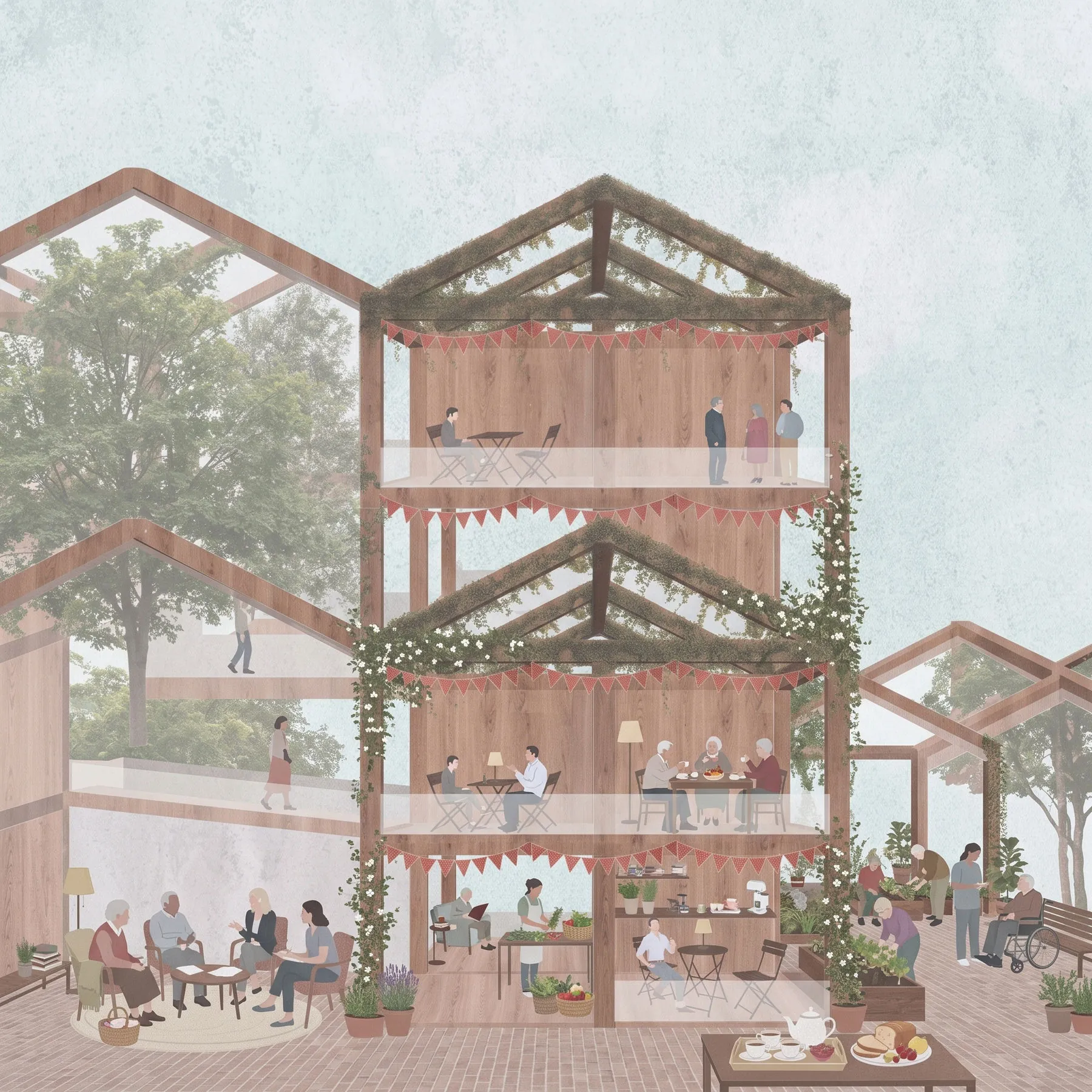 Three-storey timber greenhouse hung with bunting and vines; residents sit in armchairs, share tea and tend plants.