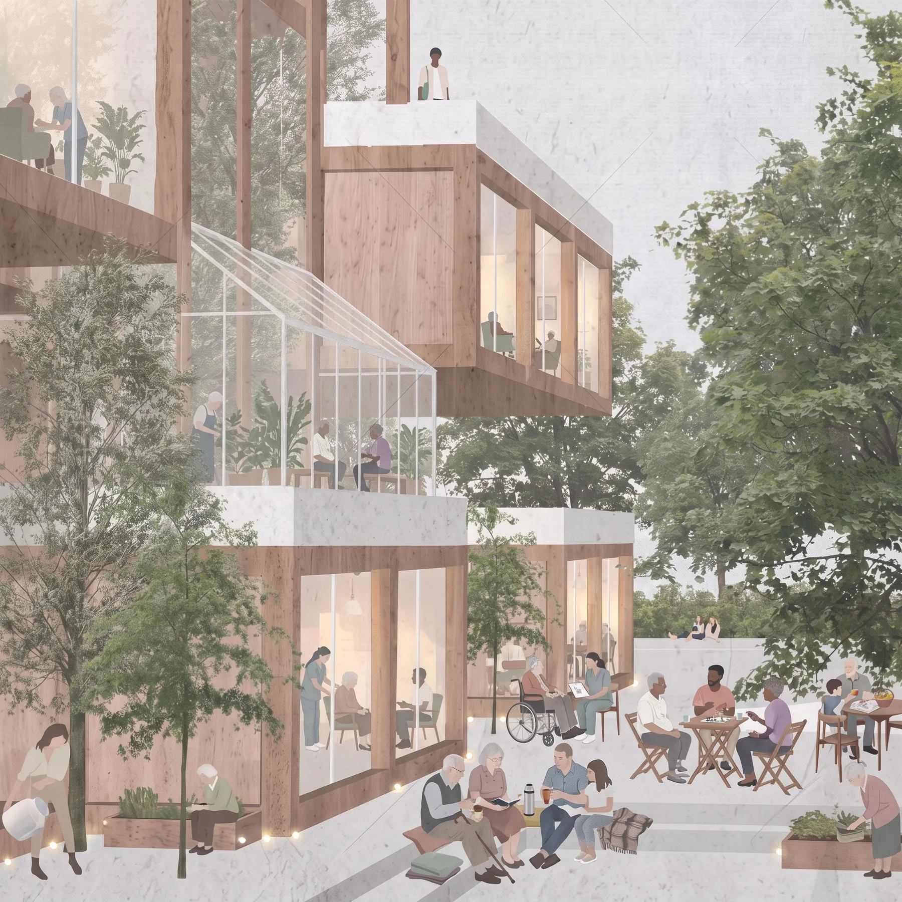 Timber and glass buildings above stepped seating where residents read and garden.
