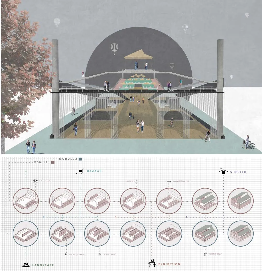 Section of the dome market above a grid of circular diagrams of the bazaar, shelter, landscape and exhibition modules.